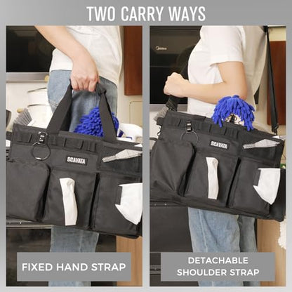 SCAVATA Wearable Cleaning Caddy Bag, Supplies Organizer with Handle & Shoulder Straps for Housekeepers, Under Sink & Car Cleaning Tool Organizer with 4 Foldable Dividers (Black) - color: Black