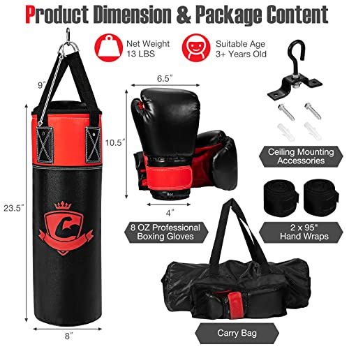 GYMAX Punching Bag for Kids, Pre Filled Kids Punching Bag with Boxing Gloves, Hand Wraps & Carry Bag, Hanging Heavy Punching Bag for Kids MMA Kick Boxing Muay Thai Taekwondo Karate Workout