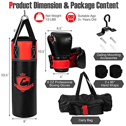 GYMAX Punching Bag for Kids, Pre Filled Kids Punching Bag with Boxing Gloves, Hand Wraps & Carry Bag, Hanging Heavy Punching Bag for Kids MMA Kick Boxing Muay Thai Taekwondo Karate Workout