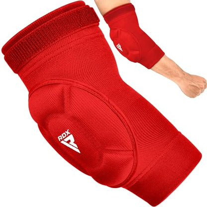 RDX Elbow Pads, Muay Thai MMA Kickboxing Sparring Elbow Guard, Martial Arts Striking Protection,Wrestling Basketball Adjustable MTB Volleyball Compression Padded Sleeve, Men Women - color: Red White, size: Small