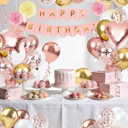 Rose Gold Happy Birthday Party Decorations, Happy Birthday Banner, Rose Gold Heart Star Foil Confetti Balloons and Pink Balloons Party Decorations Kit for Girls Women Princess - style: Rose Gold
