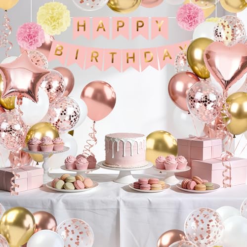Rose Gold Happy Birthday Party Decorations, Happy Birthday Banner, Rose Gold Heart Star Foil Confetti Balloons and Pink Balloons Party Decorations Kit for Girls Women Princess - style: Rose Gold