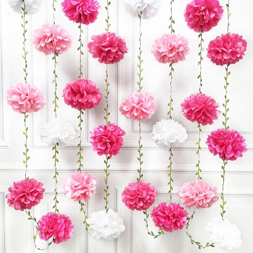 Hot Pink White Party Decorations Ombre Pink White Tissue Paper Flowers Pom Pom Leaf Ribbon Hanging Streamer Garland for Women Girls Birthday Bachelorette Wedding Shower Flamingo Party Supplies - color: Hot Pink