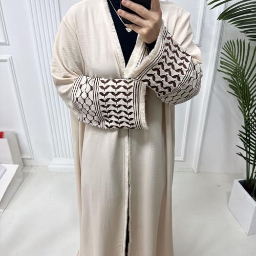 Muslim Abayas for Women Long Sleeve Embroidered Open Front Cardigan Turkey Dubai Maxi Kaftan Dress Ramadan Kimono with Belt - color: Beign, size: Small