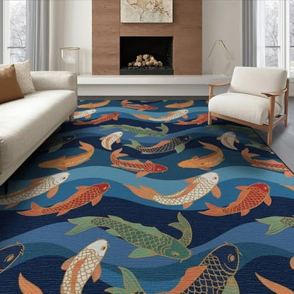 8'x10' Washable Asian Koi Fish Large Rug, Navy Blue Non-Shedding Pet Friendly Carpet Foldable Easy Care Mat for King Size Bedroom, Master Suite, Under Bed | Ref:1885305 - color: Blue/Pattern 12, size: 8' x 10' (Rectangular)