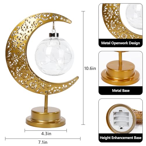 Crescent Moon Table Lamp Metal Frame Ramadan Lights Ball LED Night Light Magic Hanging Moon Lamp Decor for Home Bedroom Bedside Desktop
