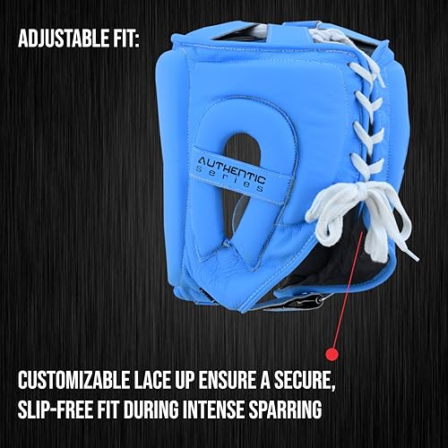 Authentic Series A2 Boxing Headgear - Premium Leather Head Guard for Kids and Adults in MMA, Kickboxing, Muay Thai, Karate, Martial Arts, and Taekwondo - color: Blue, size: Small-Medium