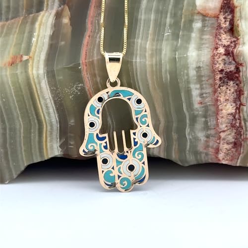 14K Solid Gold Pendant Necklace Hand-Painted Abstract Hamsa Hand and Allah Calligraphy (Evil Eye) - Gift for Men, Women, Daughter, Son, Unisex Adults, Kids - color: Gold & Light Green Evil Eye in Hamsa Hand, style: Pendant w/ Cuban Link 18"
