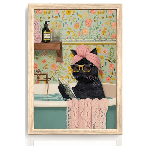 ICHZUMW Framed Funny Black Cat in Bathtub Canvas Bathroom Wall Art 16x24 In - color: Spa Kitty, size: 24"L x 16"W