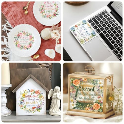 Peacoblue 18 Sheets Rub on Transfers for Crafts, Christian Bible with Wreath 3.6"x3.9" UV DTF Cup Wraps Waterproof Rub on Cold Transfers Stickers for Wood Glass Metal Cup Tumblers Mirrors Mugs Decor - style: Christian Bible with Wreath
