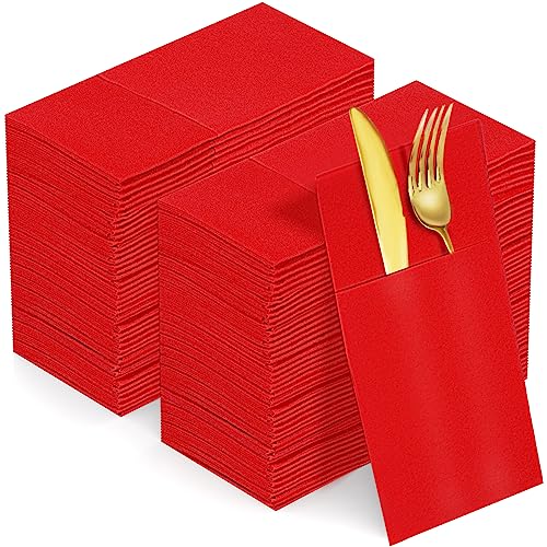 KAMMAK Red Napkins Disposable Dinner Paper Napkins with Pocket 100 Pack Cloth Like Folded Wedding Reception Napkin Guest Hand Towels for Party Decoration, Bathroom, Kitchen, Hotel (16.5 x 16.5 inch) - color: Red