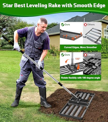 Lawn Leveling Rake 30x10, 6.2FT Heavy Duty Yard Leveler for Dirt & Soil | 30x10" Mn Steel Plate Levels Dirt, Soil & Sand, Stainless Adjustable Long Handle , Garden & Golf Course Leveling