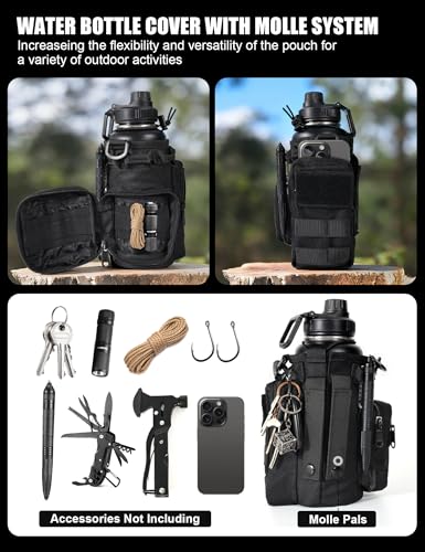 Tactical Water Bottle with Straw, 32 Oz Insulated Water Jug with Molle Water Bottle Holder, Stainless Steel Sport Bottle with 2 BPA Free Lids for Gym Workout Hiking (32oz-Black) - color: 32oz-Black