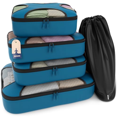 Shacke 5 Set Packing Cubes for Travel with Laundry Bag (Gentlemen's Blue) - color: 5 Set - Gentlemen's Blue, size: Set of 5