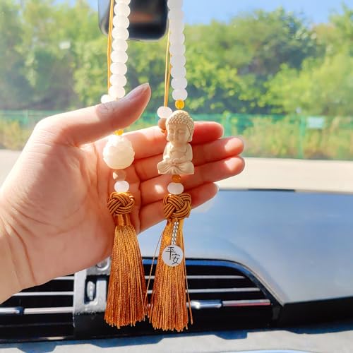 Buddha 백미러 액세서리 걸이용 참, 태슬이 있는 연민의 보살 자동차 걸이 장식, 여성/남성을 위한 귀여운 자동차 액세서리, Fo Bao Ping an - color: 골드.