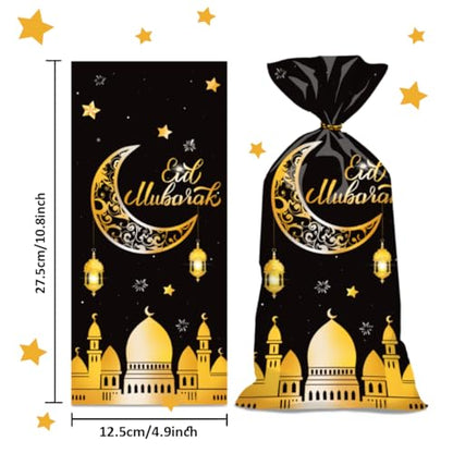 BURBOHUG 50 Pack Ramadan Goodie Bags Eid Mubarak Muslim Castle Moon Star Cellophane Bags for Party Favor Decoration (10.8'' X 4.9'')