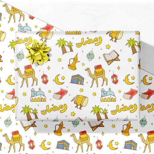 GIOLNIAY Ramadan Wrapping Paper - Eid Gift Wrap with Islamic Lanterns, Camels, Crescent Moon, Mosques and Arabic Ramadan Lettering - 4 Jumbo Sheets, 28" x 40" Each, Easy to Store