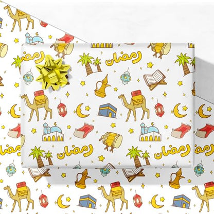 GIOLNIAY Ramadan Wrapping Paper - Eid Gift Wrap with Islamic Lanterns, Camels, Crescent Moon, Mosques and Arabic Ramadan Lettering - 4 Jumbo Sheets, 28" x 40" Each, Easy to Store