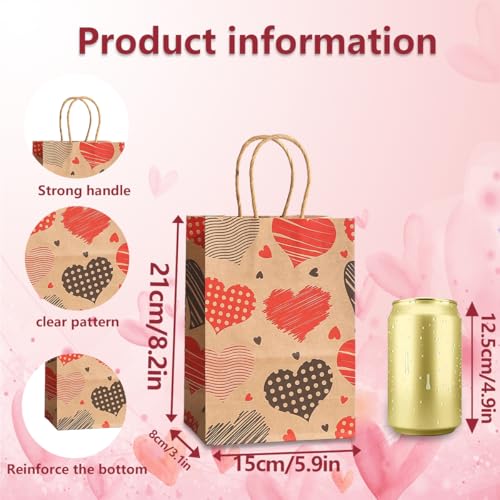 piqiya 24pcs Valentine Gift Bags Bulk,Kraft Paper Gift Bag with Handle,Valentines Gift Bags for Gift Wrapping,Anniversary,Valentine‘s Day Party - color: mix heart