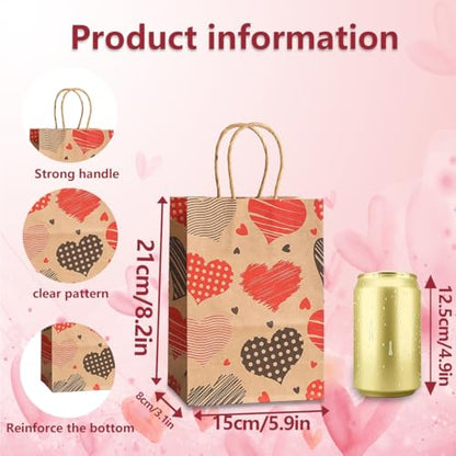 piqiya 24pcs Valentine Gift Bags Bulk,Kraft Paper Gift Bag with Handle,Valentines Gift Bags for Gift Wrapping,Anniversary,Valentine‘s Day Party - color: mix heart