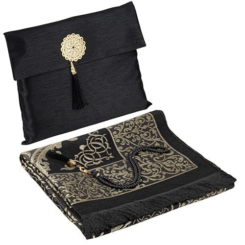 Modefa Islamic Prayer Mat Muslim Gifts - Thin Travel Muslim Prayer Rug in Taffeta Gift Bag with Tasbih Beads Prayer Matt Islam - Chenille Turkish Praying Carpet - Ramadan Gifts (Black) - color: Black