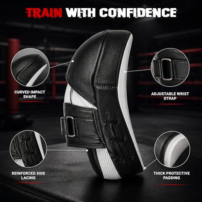 Focus Pads for Boxing & MMA Training | Lightweight Curved Punch Mitts with Shock-Absorbing Foam | Kickboxing, Muay Thai & Sparring Target Pads for Coaches & Fighters - color: Black/White