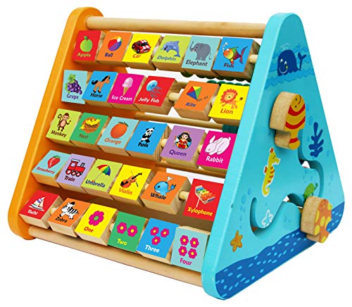TOWO Wooden Activity Center Toy, ABC Blocks Abacus Clock for Toddlers