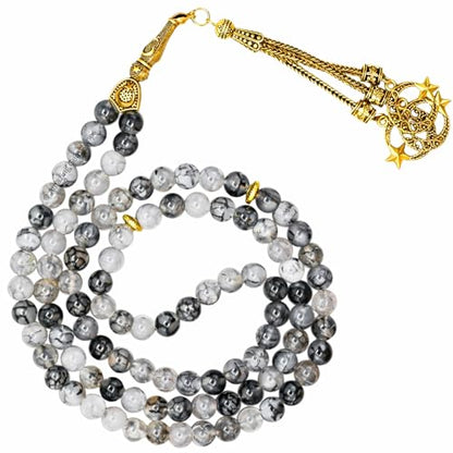 Amazing Gemstone Crystal Tasbeeh with Moon and Star Charm - Certified Crystal Muslim Prayer Beads Natural Gemstone Tasbih Gift for Ramadan Dhikr and Daily Namaz (G) - color: Dragon Vein Agate