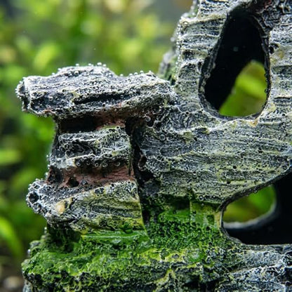 Resin Aquarium Mountain Decor with Moss Rock Cave - Multi-Level Terrain for Fish Tank Landscaping, Natural-Looking Rockery Design with Hidden Cave and Crevices for Shrimp, Reptile Habitat Aquascaping