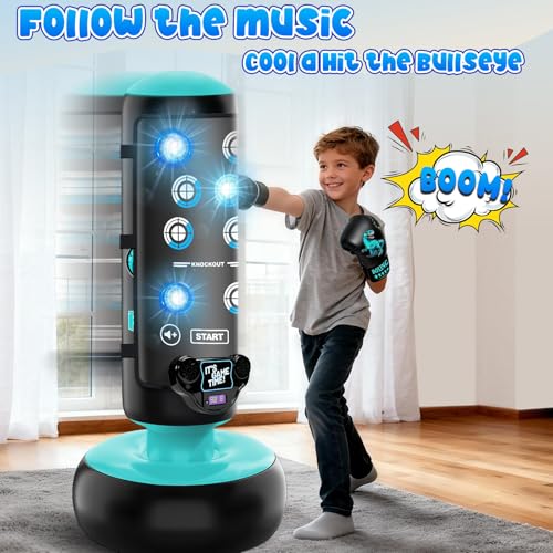Punching Bag for Kids, 66 Inch Inflatable Boxing Bag with Boxing Gloves, Kid Boxing Set with Scoring, Light, Music, Stand Kids Punching Bag Toy for Age 4-12, for Practicing Karate, Taekwondo, MMA