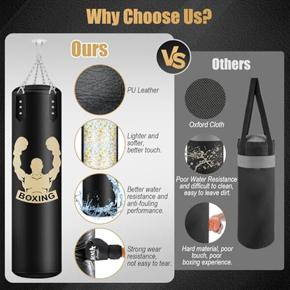 Filled Punching Bag for Adults, 4FT PU Leather Hanging Bag with 11lb Sponge Filler, Come with 12OZ Gloves, Heavy Bag Boxing Equipment for Training Karate Kickboxing Home Gym
