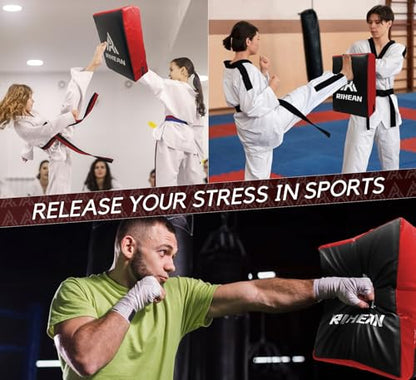 Martial Arts Kicking Shields - Kick Pad for Muay Thai, Taekwondo, Football, Basketball, Hockey Training - Denser Foam, Long Lasting PU Leather Kick Shield - style: 16x12in Red