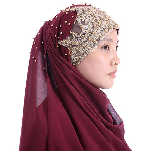 Lina & Lily Premium Chiffon Hijab Head Scarf Wrap with Gold Sequins Glitters Beads for Muslim Women - color: Dark Maroon