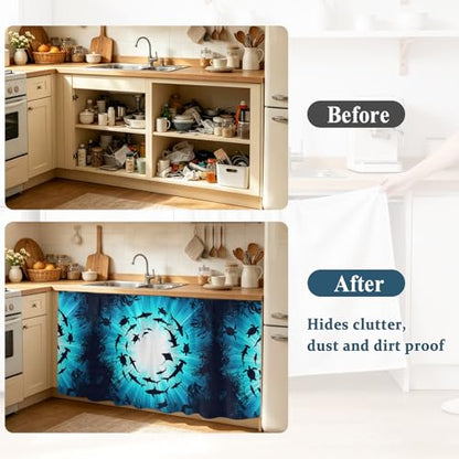 BEMIGO Blue Coastal Cabinet Curtain 32" Wx55 L, Dustproof Pantry Door Curtain with Self Adhesive Tape, Nautical Fish Turtle Coral Tall Storage Cover Privacy Drape for Bathroom Kitchen Laundry Room - size: 32"W x 55"L (Pack of 1)
