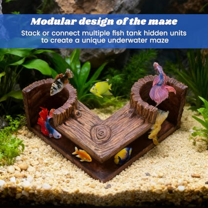 Aquarium Cave, Dual Hole Underground Resin Stump Fish & Shrimp Hideout Tunnel, Natural-Looking Wood-Like Fish Hideout for Aquarium for Betta, Loaches, Corydoras(5.3" × 5.3" × 2.6")