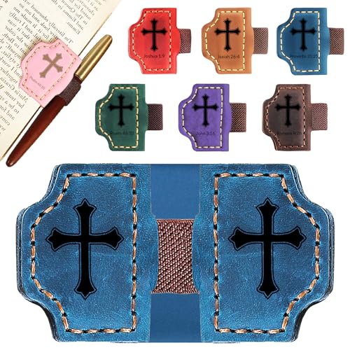 Personalized Leather Bookmark with Pen Holder - Magnetic Bible Verse Design, Christian Book Lovers Reading Accessory, for Book Lovers Men Women (Blue, Cross) - color: Blue, size: Cross