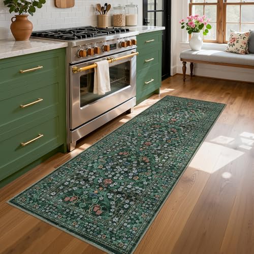 GarveeHome Washable Kitchen Runner Rug, Floral 2x6 Rug for Hallway Non Slip Stain Resistant, Ultra-Thin Boho Soft Hallway Rug Botanical Carpet for Entryway, Laundry Room, Bathroom Dark Green - color: B.dark Green, size: 2' x 6' (Runner)