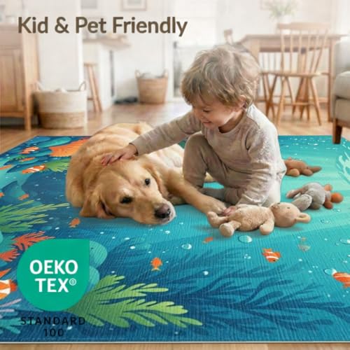 8'x10' Washable Graphic Fish Large Rug, Teal Non-Shedding Pet Friendly Carpet Foldable Easy Care Mat for King Size Bedroom, Master Suite, Under Bed | Ref:1910466 - color: Blue/Pattern 40, size: 8' x 10' (Rectangular)