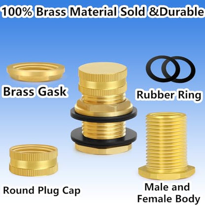 Ceaeso Brass Male Garden Hose Bulkhead Fitting With Plug, 1/2" Female NPT, 3/4" Male GHT (garden Hose Thread), Brass Tank Connector/drain/flush Port Kit For Rain Barrels, Aquariums, Sinks，2 Pack - color: 2 pack