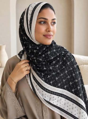 Satin Hijab Scarf for Women, Silk-Feeling Muslim Headscarf, Digital Bow Letter Print Head Wrap Shawl for Summer - color: Mlp004-black