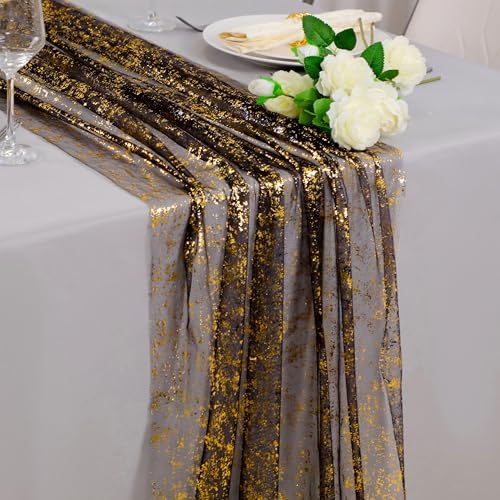 Snowkingdom 3 Pcs Black Gold Gauze Table Runner 10 FT 120 Inch, Sparkle Sheer Glitter Metallic Foil Tulle Mesh Cheesecloth Golden Table Centerpieces Decoration for Party Wedding Anniversary - color: Black Gold, size: 10FT/3Pcs