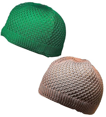 Set 2 Pieces Muslim Skull Cap Beanie AMN-341 Islam Prayer Crochet Takke Kufi Hat Eid Ramadan Gift - color: Green & Brown, size: Large