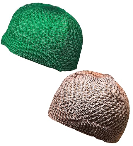 Set 2 Pieces Muslim Skull Cap Beanie AMN-341 Islam Prayer Crochet Takke Kufi Hat Eid Ramadan Gift - color: Green & Brown, size: Large