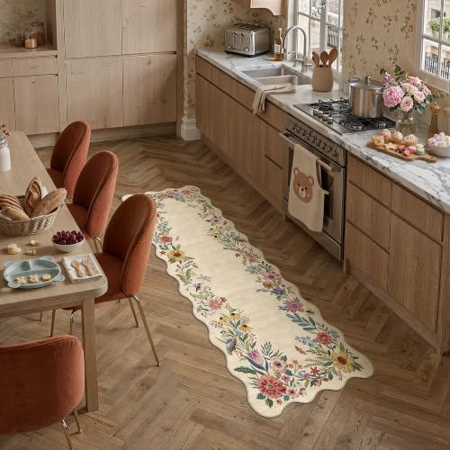 2x5 Floral Beige Scalloped Runner Rug - color: Beige, size: 2' x 5' (Scalloped)