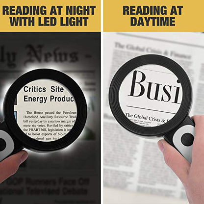 Magnifying Glass with Light, Handheld Large Magnifying Glass 18LED Cold and Warm Light with 3 Modes, Illuminated Lighted Magnifier for Seniors Reading, Coins, Jewelry - color: Black