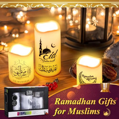 Tujoe 3 Pcs Eid Mubarak Flickering Flameless Candles Ramadan Decor Eid Mubarak LED Battery Operated Candles Candle Lights for Muslim Eid Ramadan Decor for Home(Moon) - style: Moon