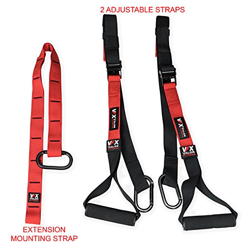 Valor Fitness Suspension Trainer System with Adjustable Training Straps, Full Body Bodyweight Workout Equipment for Home Gym, Resistance Training, Includes Extension Strap, Carabiner, and Storage Bag
