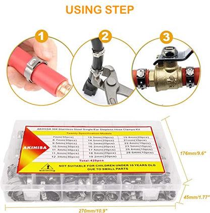 AKIHISA 420Pcs 20 sizes Single Ear Hose Clamps, 7-28.6mm 304 Stainless Steel Pex Crimp Rings Kit, Crimp Hose Clamp Assortment Set for Securing Pipe Hoses and Automotive Use - size: 420Pcs (7.0-28.6mm)