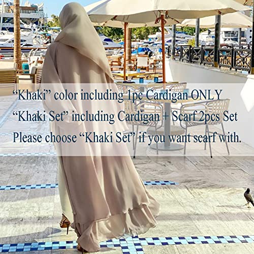 Abayas for Women Muslim Dubai Dress Solid Loose Fit Long Cardigan Islamic Kaftan Robe Open Front Maxi Length - color: Khaki, size: Large
