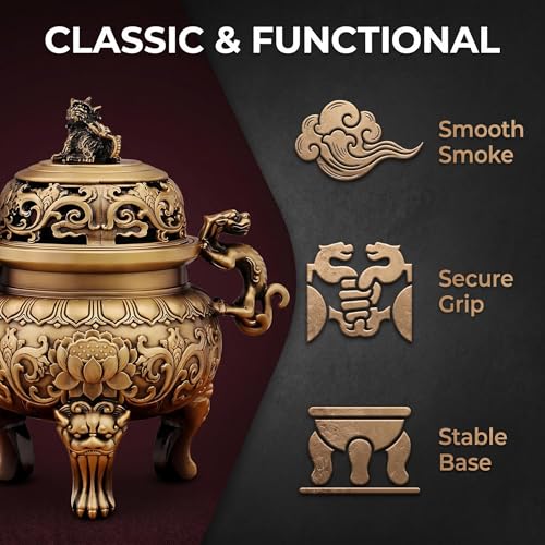 Solid Brass Chinese Incense Burner, Antique Censer, 670g, 2.76in Opening | Feng shui incense burner, Fu Lion Foo Dog lid, altar, home shrine, meditation corner, office desk, brings harmony and peace